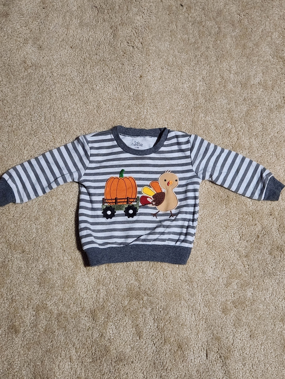 Baby Essentials Gray Striped Pullover with Pumpkin & Turkey Applique